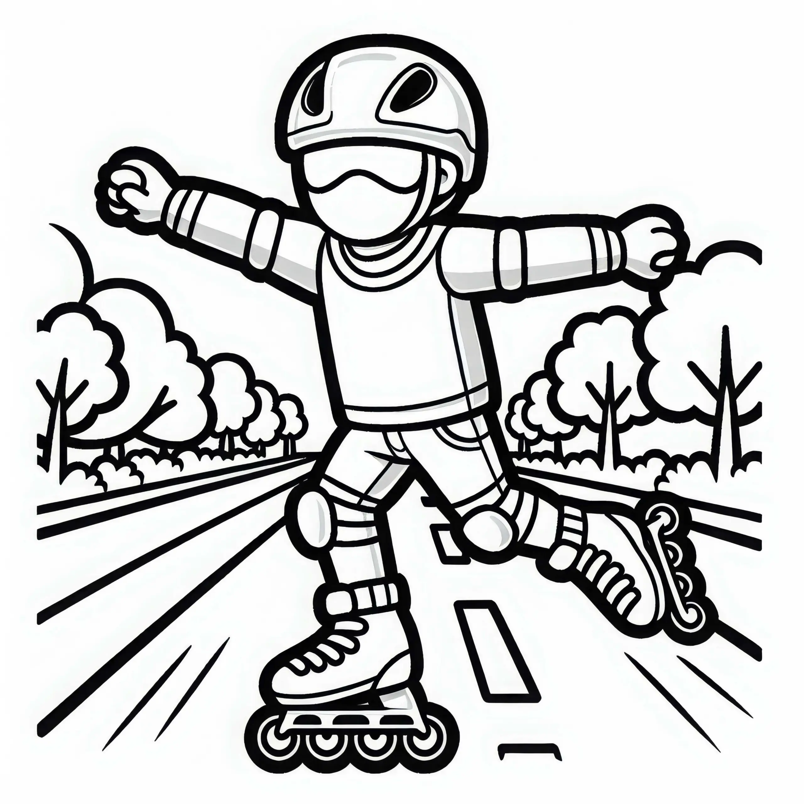 Inline-Skater fährt mit ausgestreckten Armen die Straße hinunter – Ausmalbild kostenlos