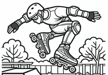 Inline-Skater springt über Rampe im Skatepark – Ausmalbild kostenlos