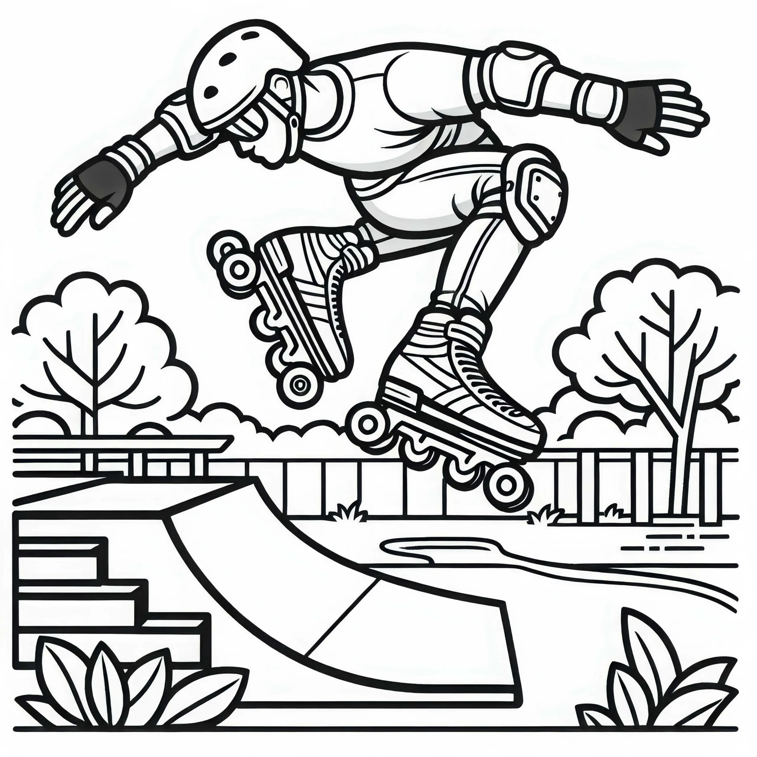 Inline-Skater springt über Rampe im Skatepark – Ausmalbild kostenlos