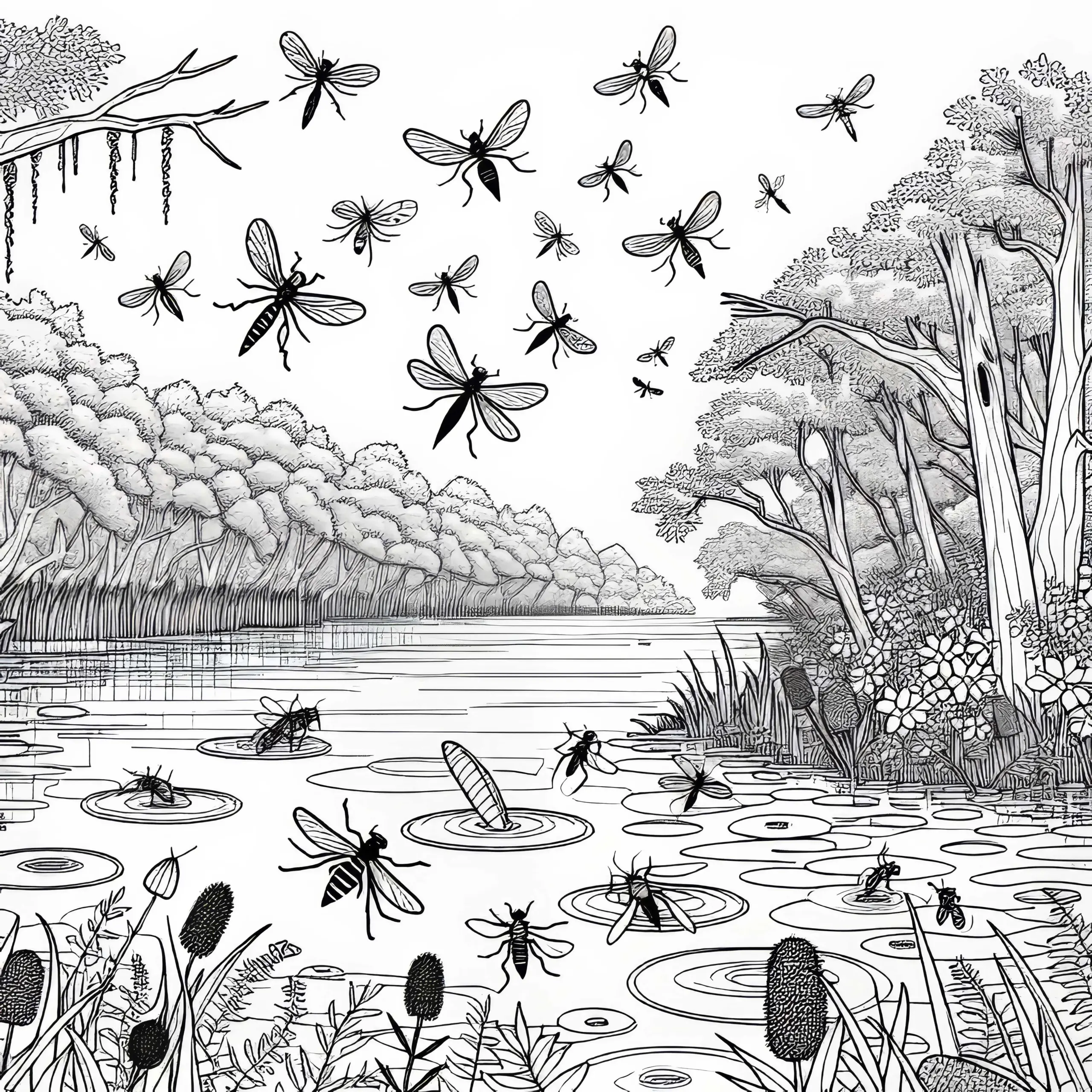 Insekten summen über Wasseroberfläche eines Sumpfes – Malvorlage gratis (Ausmalbild)