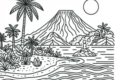 Ausmalbild einer Insel mit Vulkan – kostenloses Malvorlage