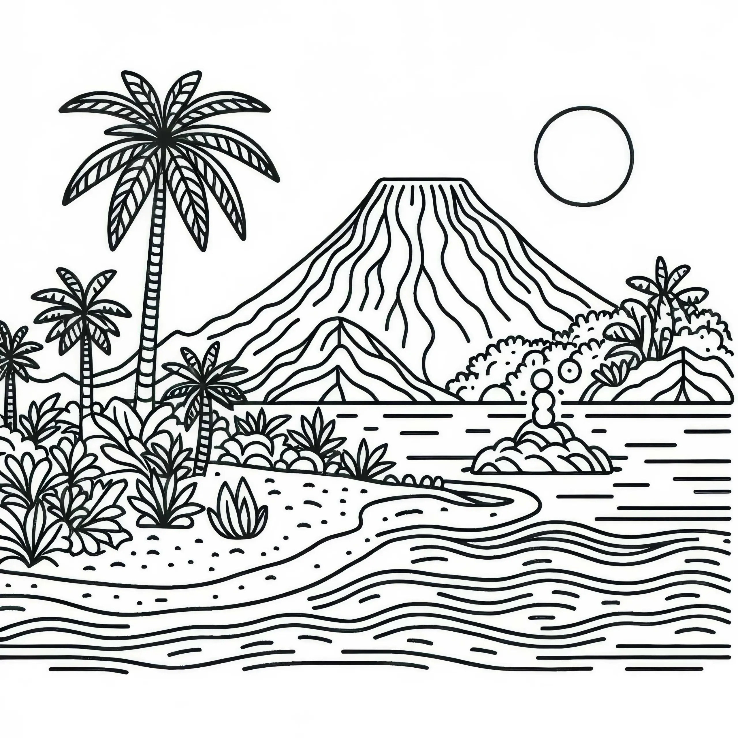 Ausmalbild einer Insel mit Vulkan – kostenloses Malvorlage