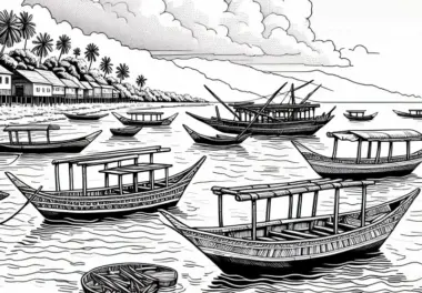 Ausmalbild von einer Insel Sansibar mit typischen Holzbooten (Dhows) im Wasser