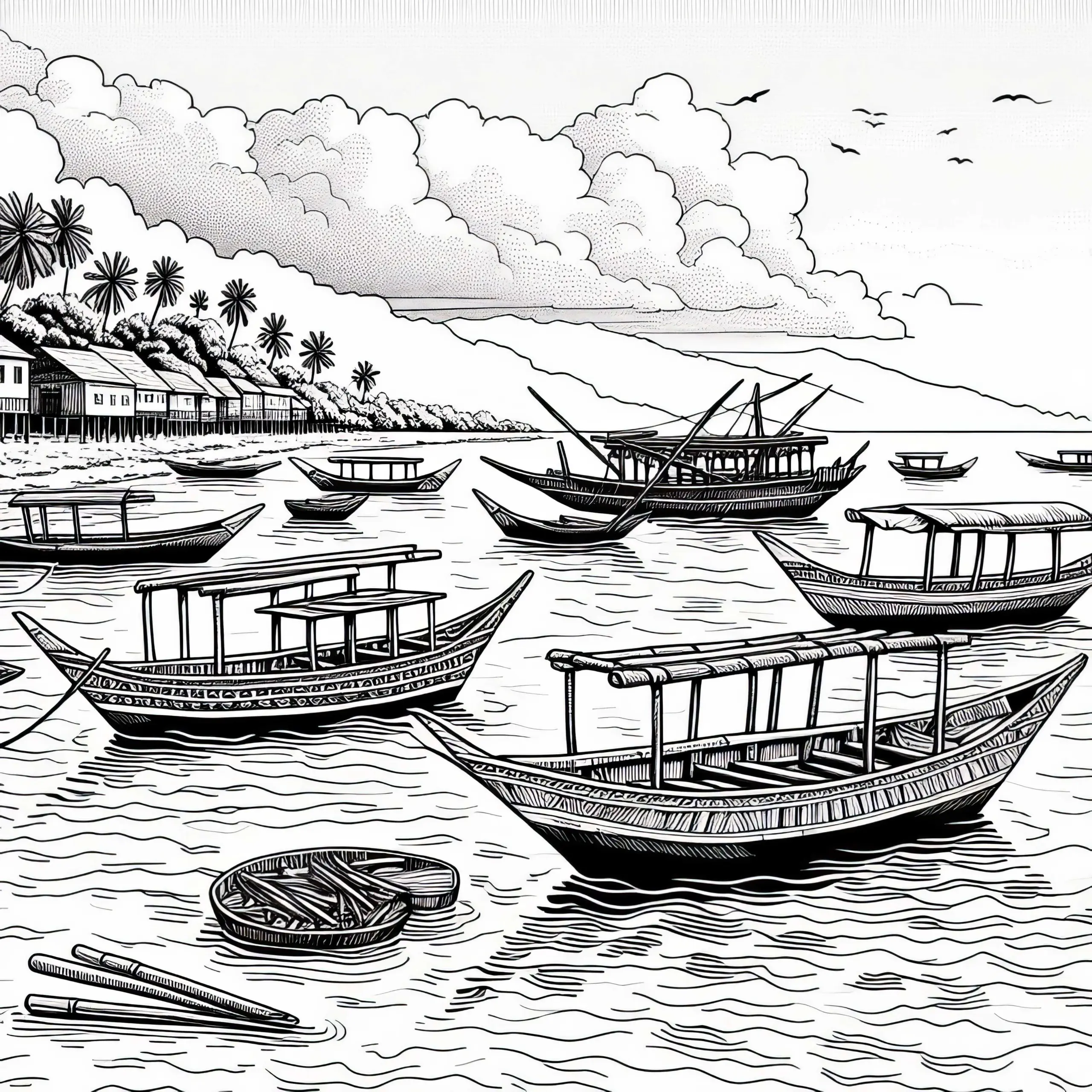 Ausmalbild von einer Insel Sansibar mit typischen Holzbooten (Dhows) im Wasser