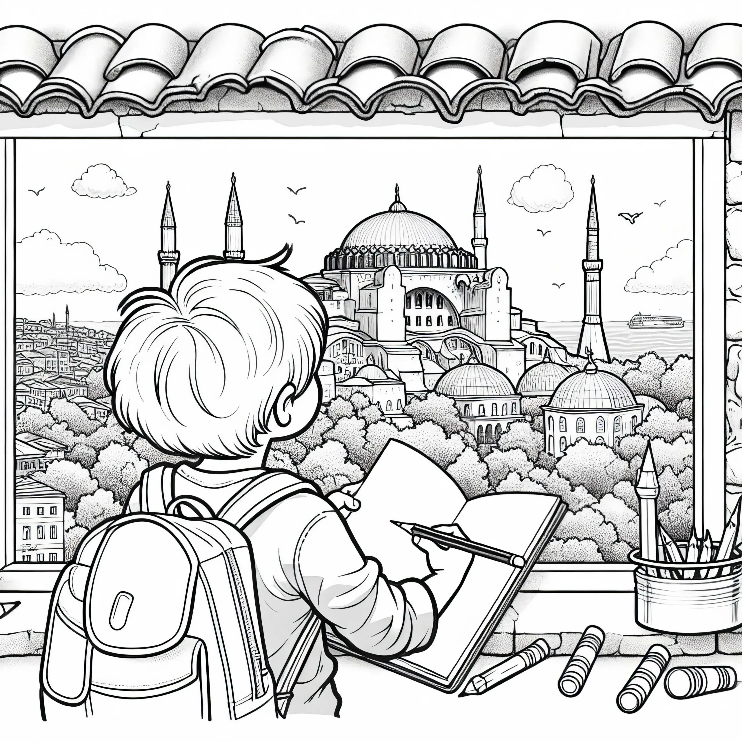 Ein Junge zeichnet die Hagia Sophia in Istanbul – Ausmalbild kostenlos