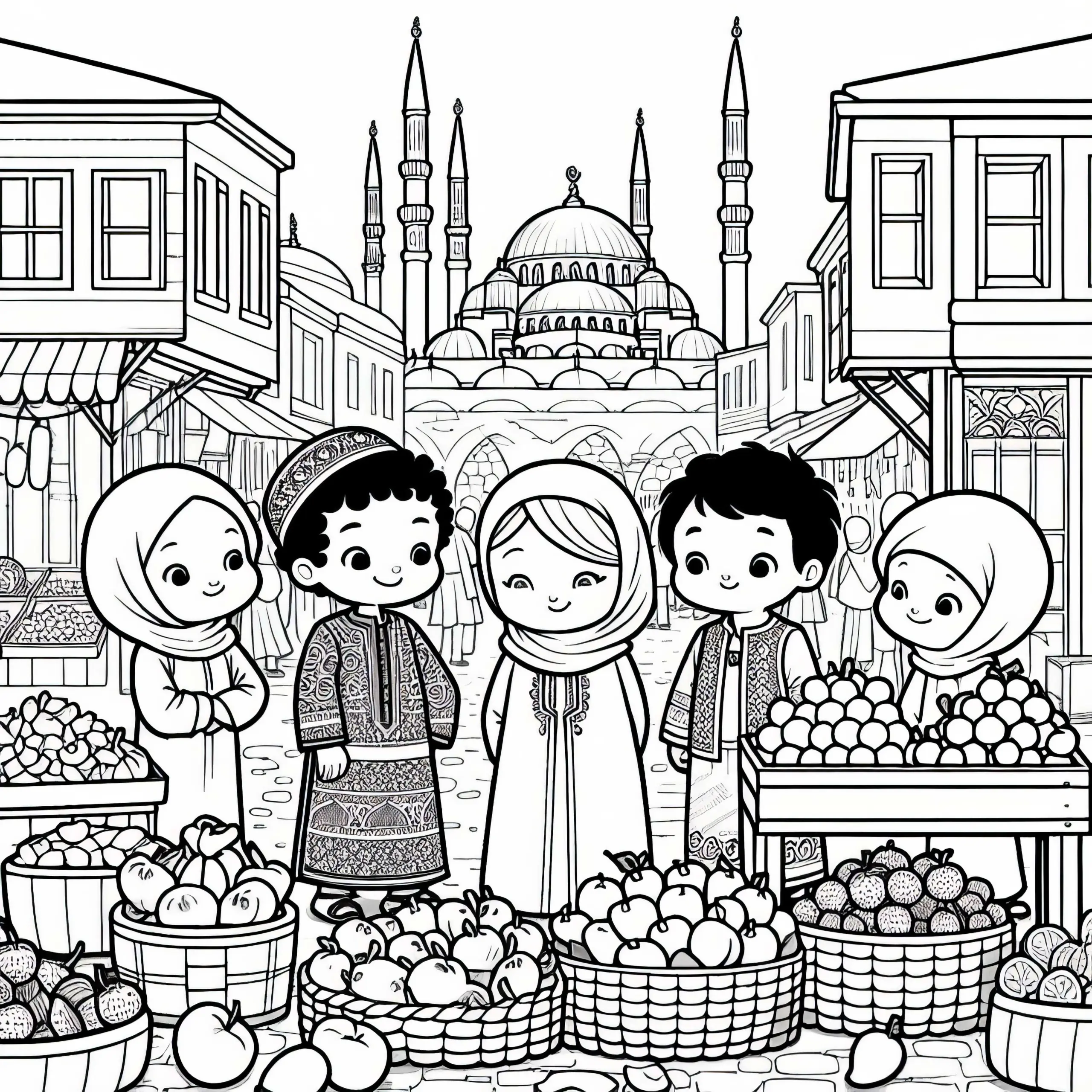 Istanbul: Kinder kaufen Obst auf dem Basar mit Blick auf Minarette – Ausmalbild kostenlos