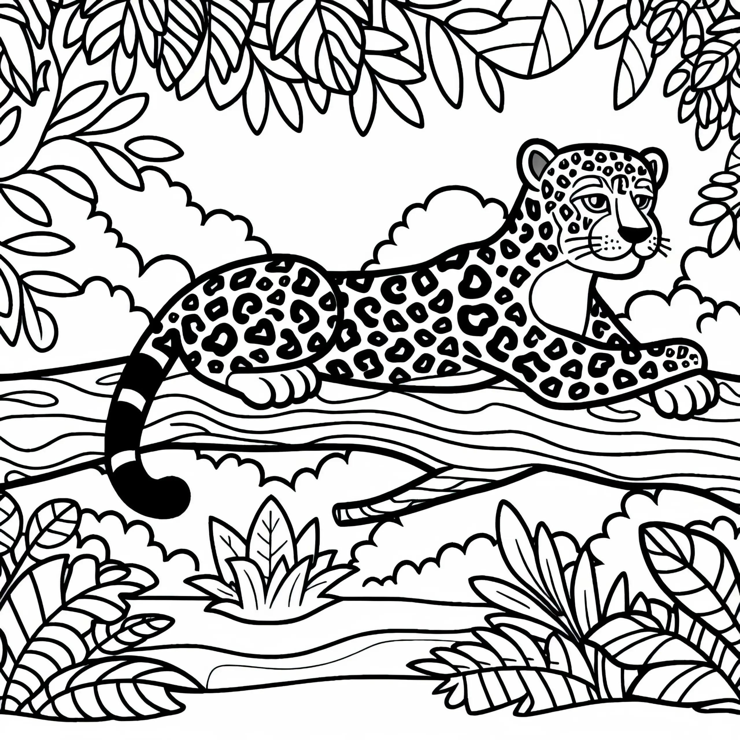 Jaguar auf Ast im Dschungel: Ausmalbild zum Herunterladen (Kostenlos)