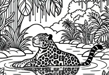 Ein Jaguar badet am Flussufer, umgeben von tropischen Pflanzen – Ausmalbild kostenlos