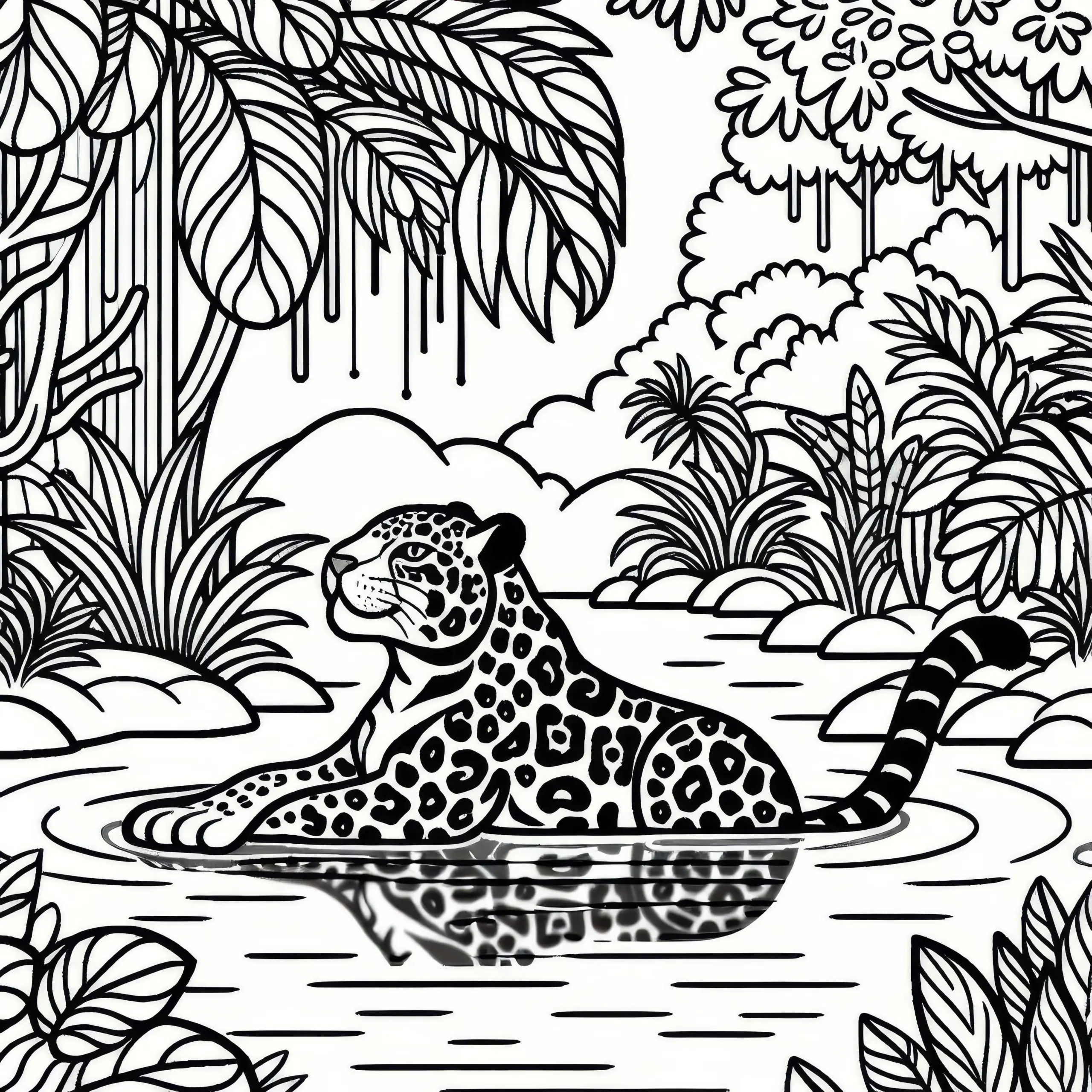 Ein Jaguar badet am Flussufer, umgeben von tropischen Pflanzen – Ausmalbild kostenlos