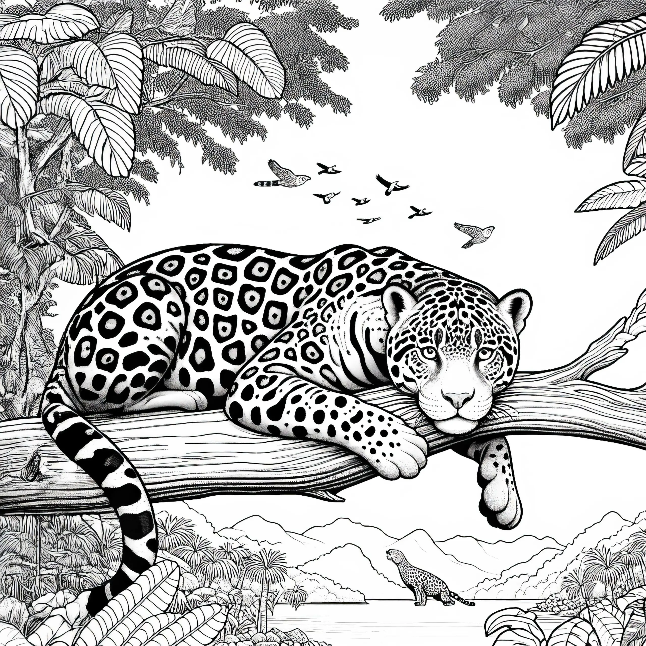 Jaguar liegt entspannt auf Ast: Detailreiche Malvorlage (Kostenlos) (Ausmalbild)