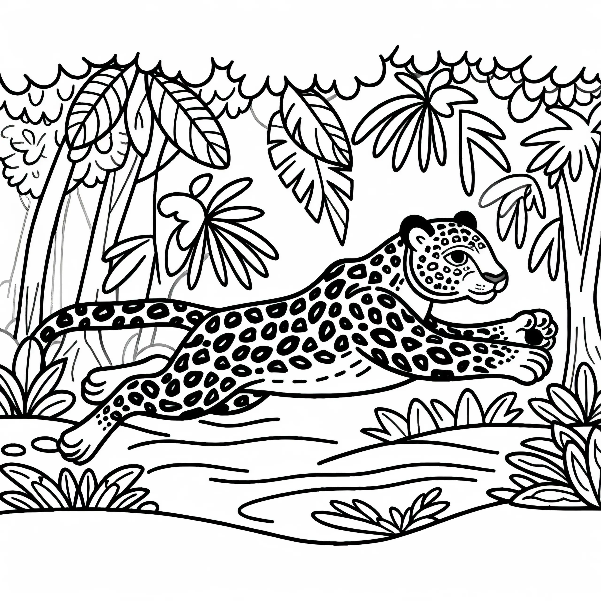 Jaguar durch Regenwald: Malvorlage zum Herunterladen (Kostenlos) (Ausmalbild)