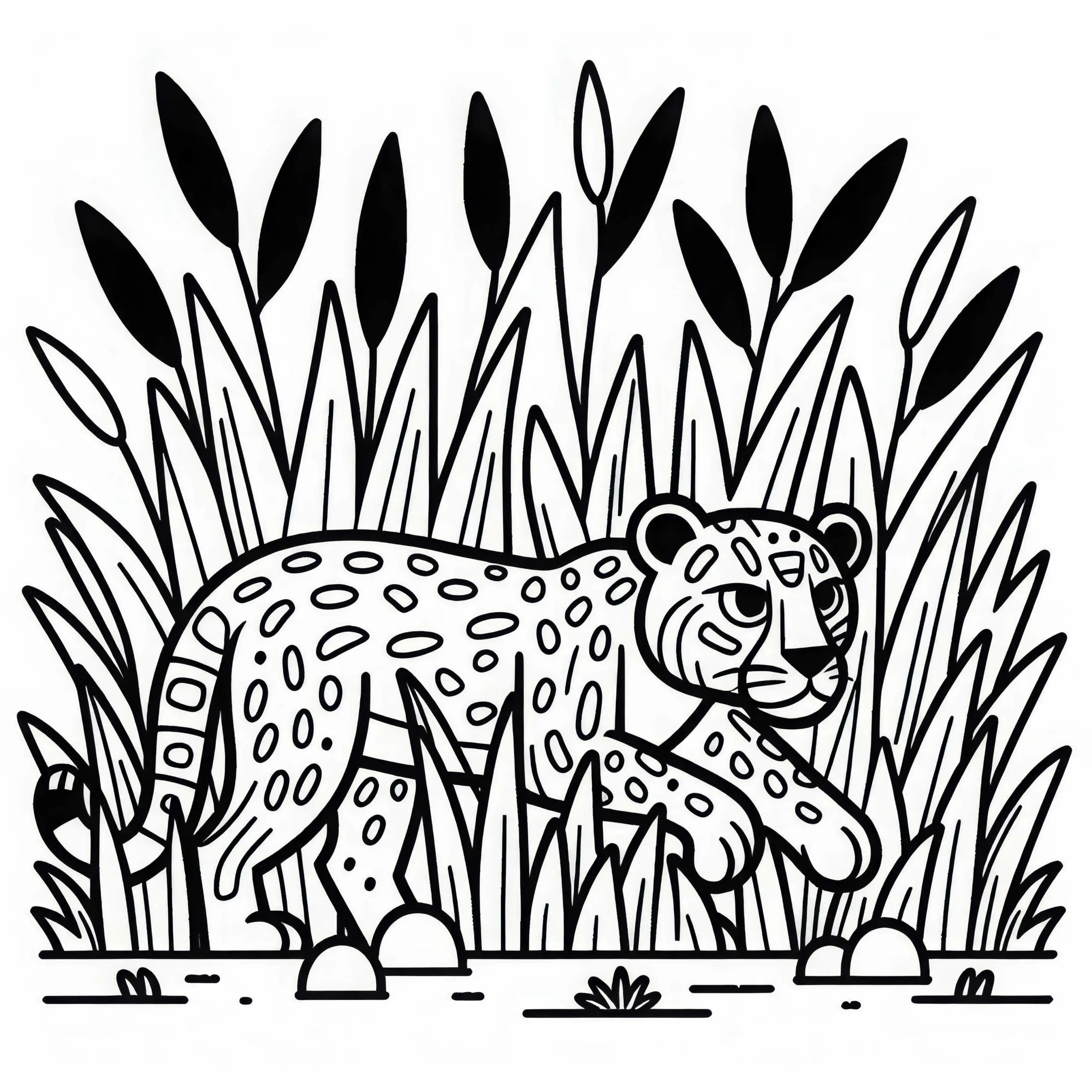 Jaguar schleicht durch hohes Gras: Malvorlage zum Download (Gratis) (Ausmalbild)