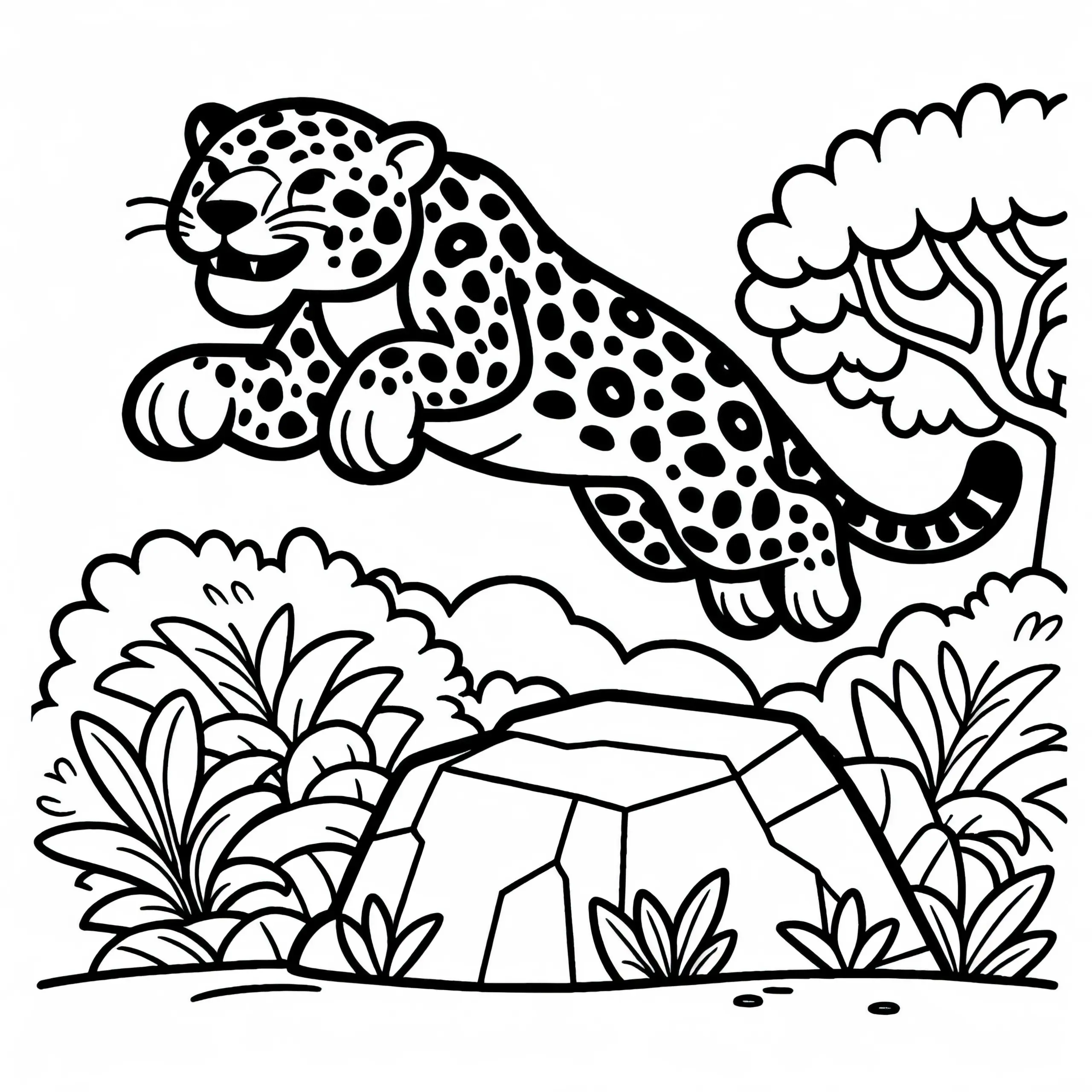 Jaguar springt über Felsen: Ausmalbild zum Herunterladen (Gratis)