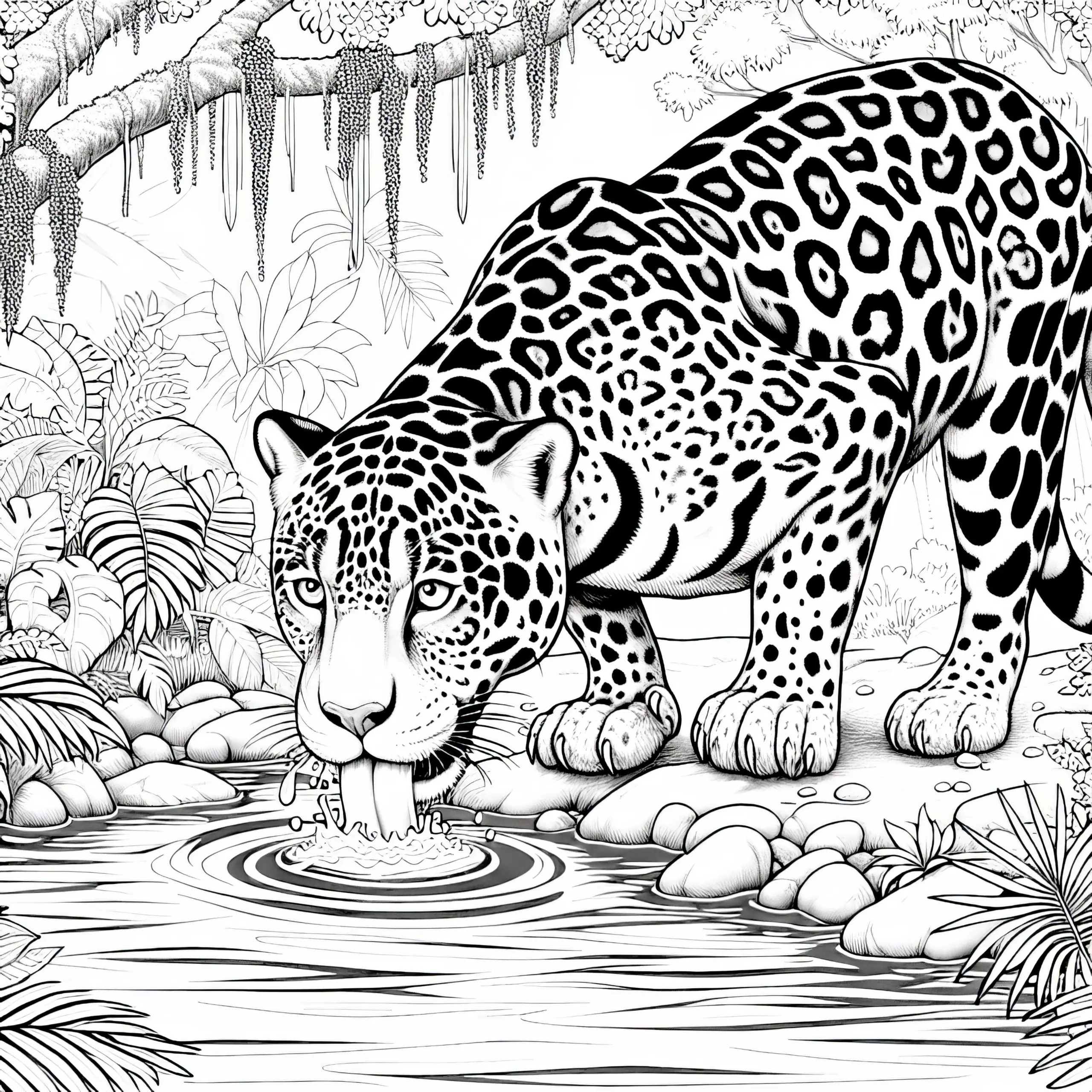 Jaguar trinkt aus Dschungelfluss: Detailreiche Malvorlage (Kostenlos) (Ausmalbild)