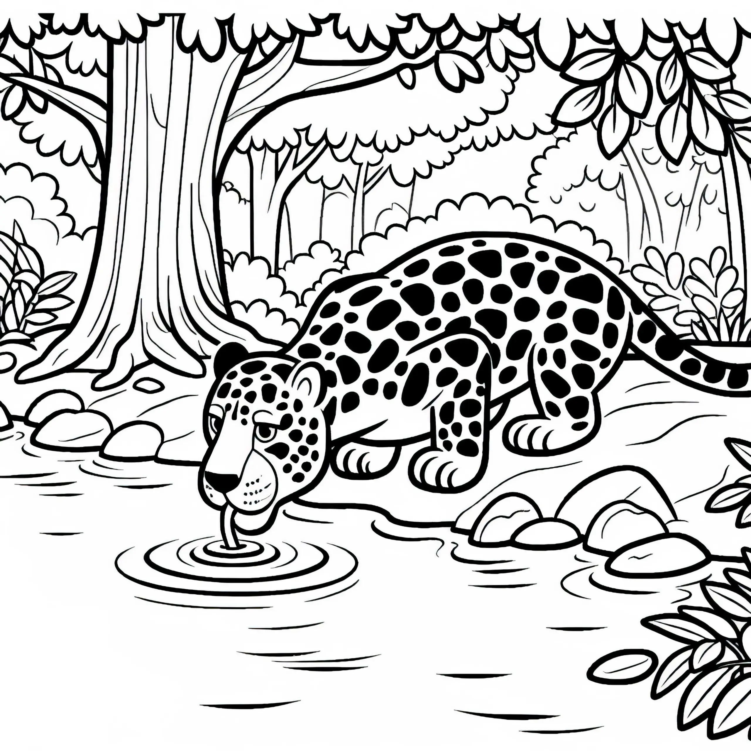 Jaguar trinkt aus Dschungelfluss: Malvorlage zum Herunterladen (Kostenlos) (Ausmalbild)