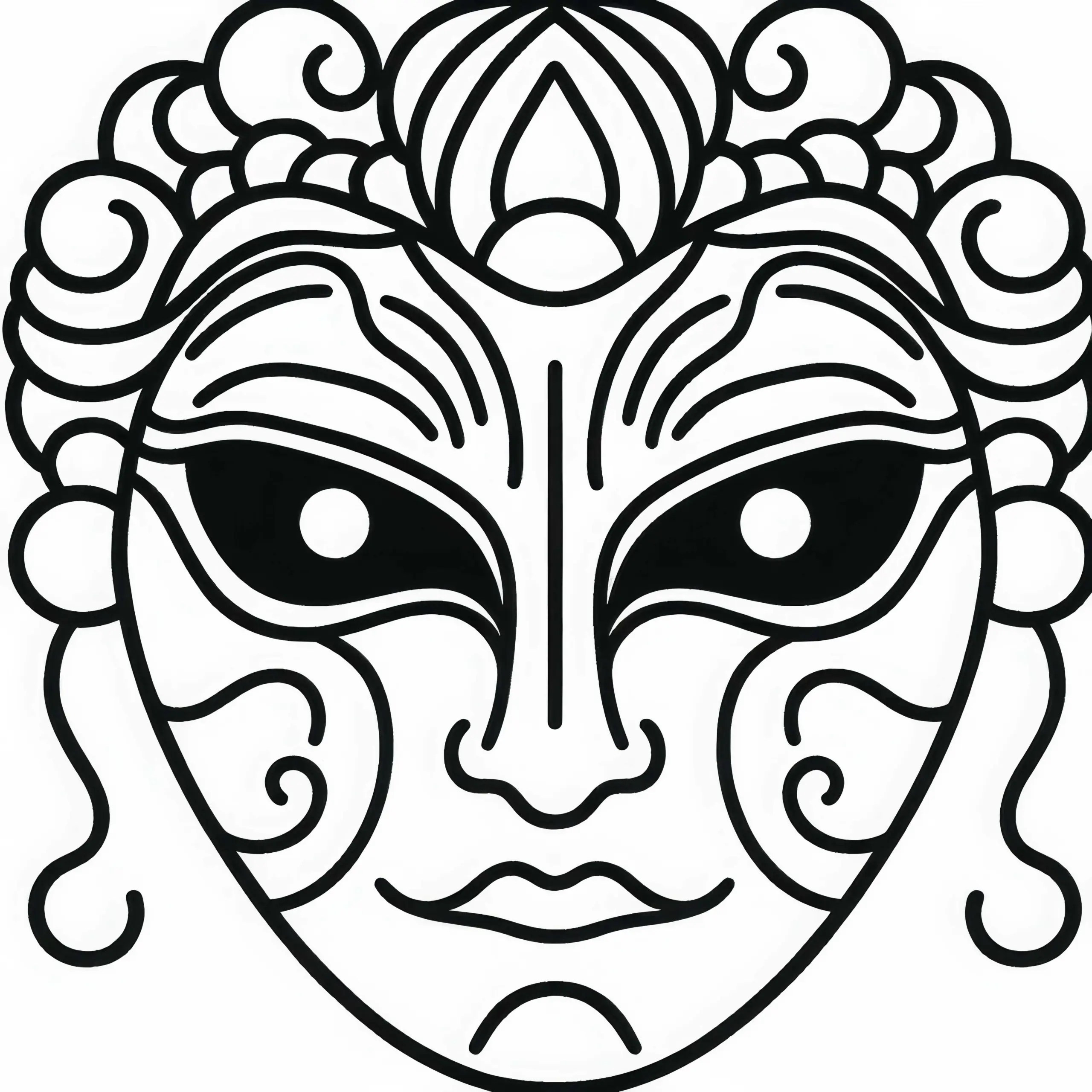 Japanische Theatermaske mit stilisierten Augen: Gratis Malvorlage (Ausmalbild)