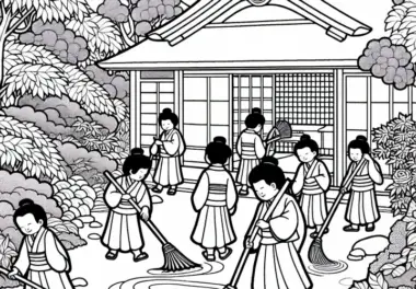 Japanischer Garten: Kinder fegen die Wege – Ausmalbild Altes Japan kostenlos