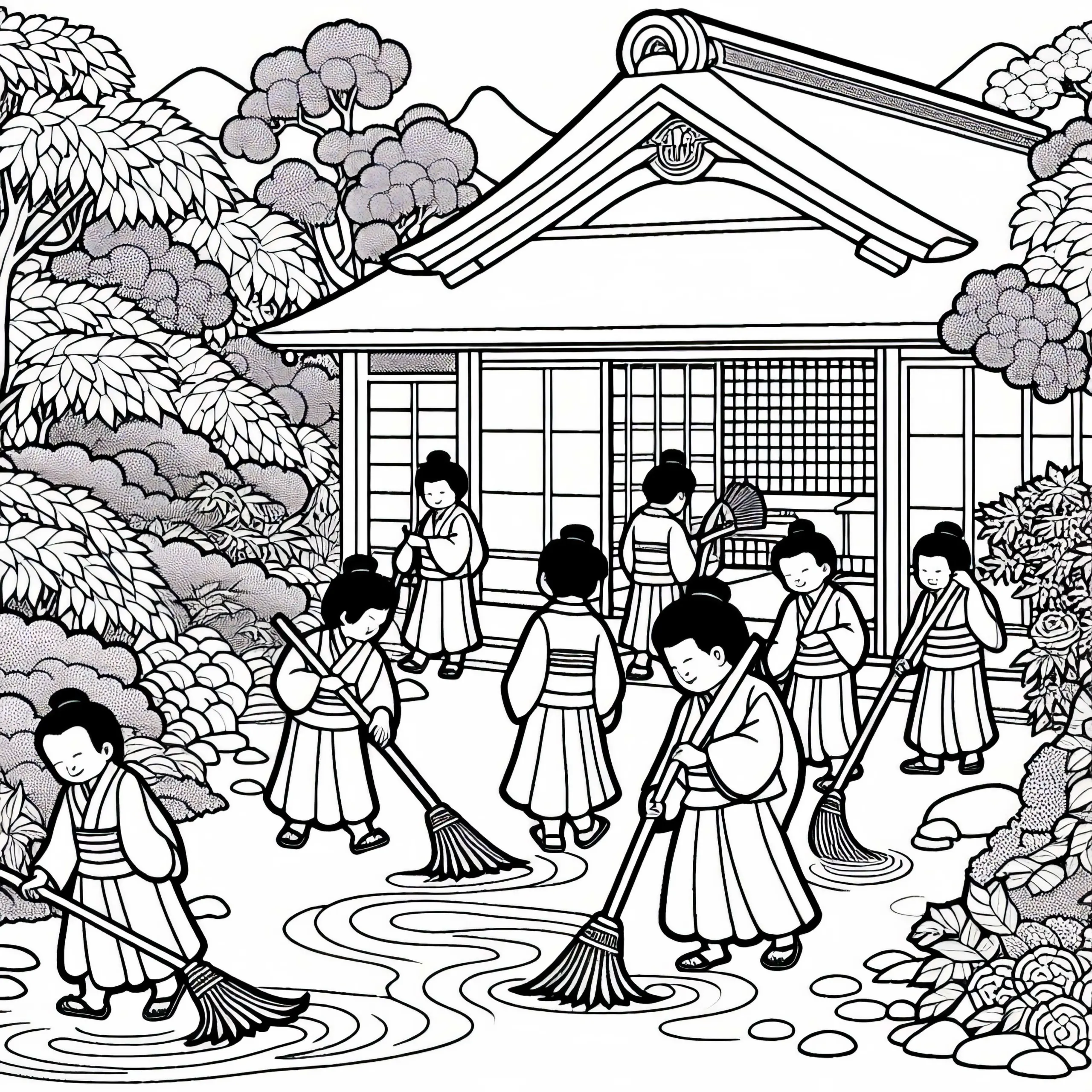 Japanischer Garten: Kinder fegen die Wege – Ausmalbild Altes Japan kostenlos