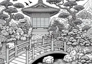 Japanischer Garten mit Brücke – Ausmalbild für Erwachsene kostenlos