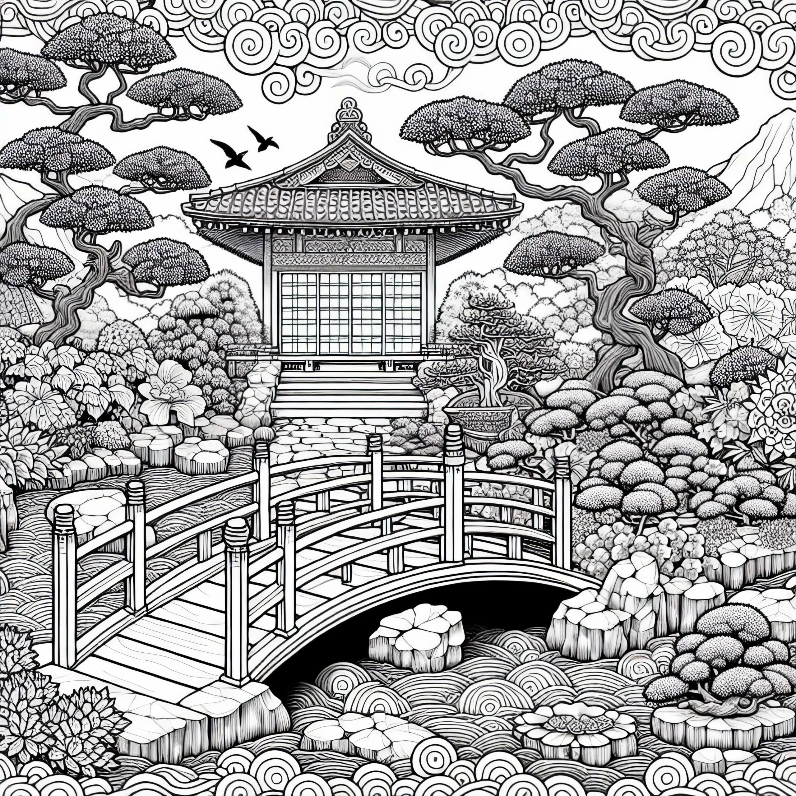 Japanischer Garten mit Brücke – Ausmalbild für Erwachsene kostenlos