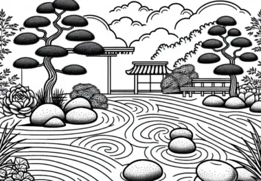 Japanischer Zen Garten mit Sandmustern und Steinen – Malvorlage gratis