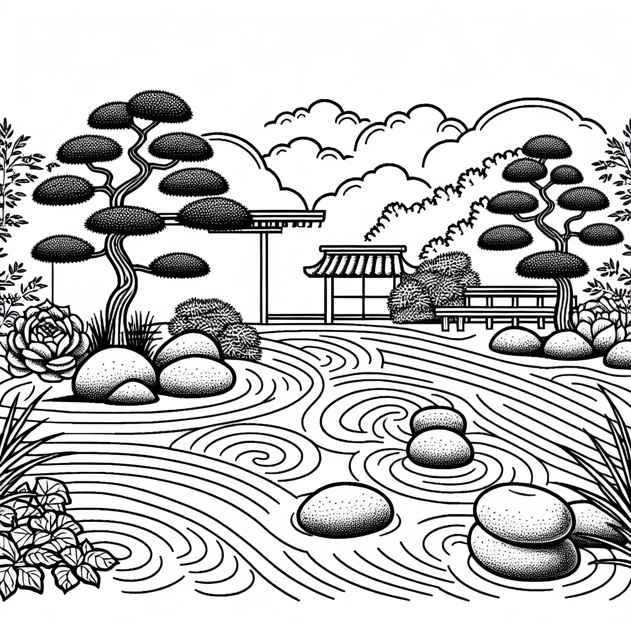 Japanischer Zen Garten mit Sandmustern und Steinen – Malvorlage gratis (Ausmalbild)