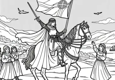 Jeanne d’Arc auf Pferd mit Banner – Malvorlage historischer Frauenfiguren kostenlos
