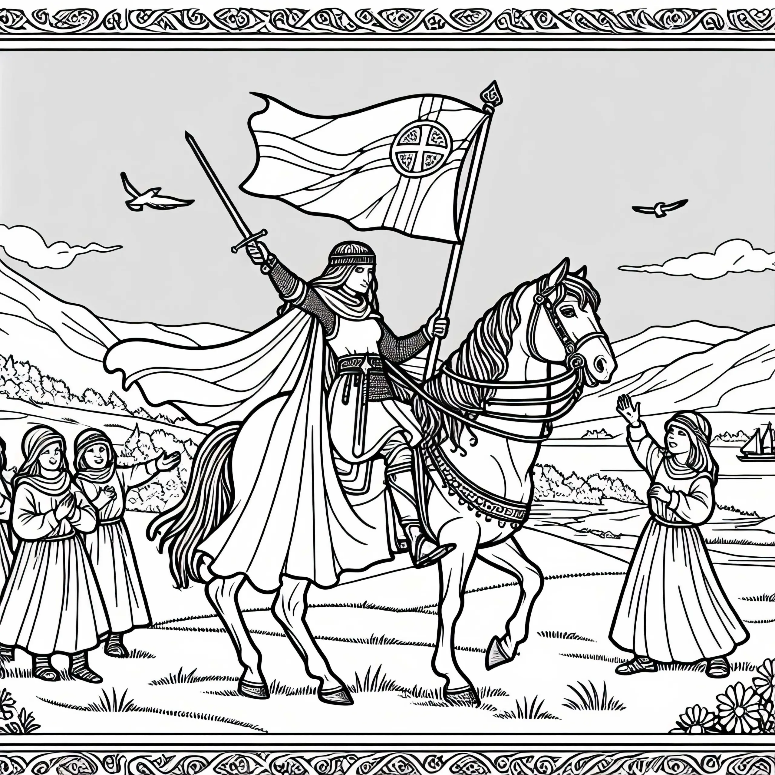Jeanne d’Arc auf Pferd mit Banner – Malvorlage historischer Frauenfiguren kostenlos (Ausmalbild)