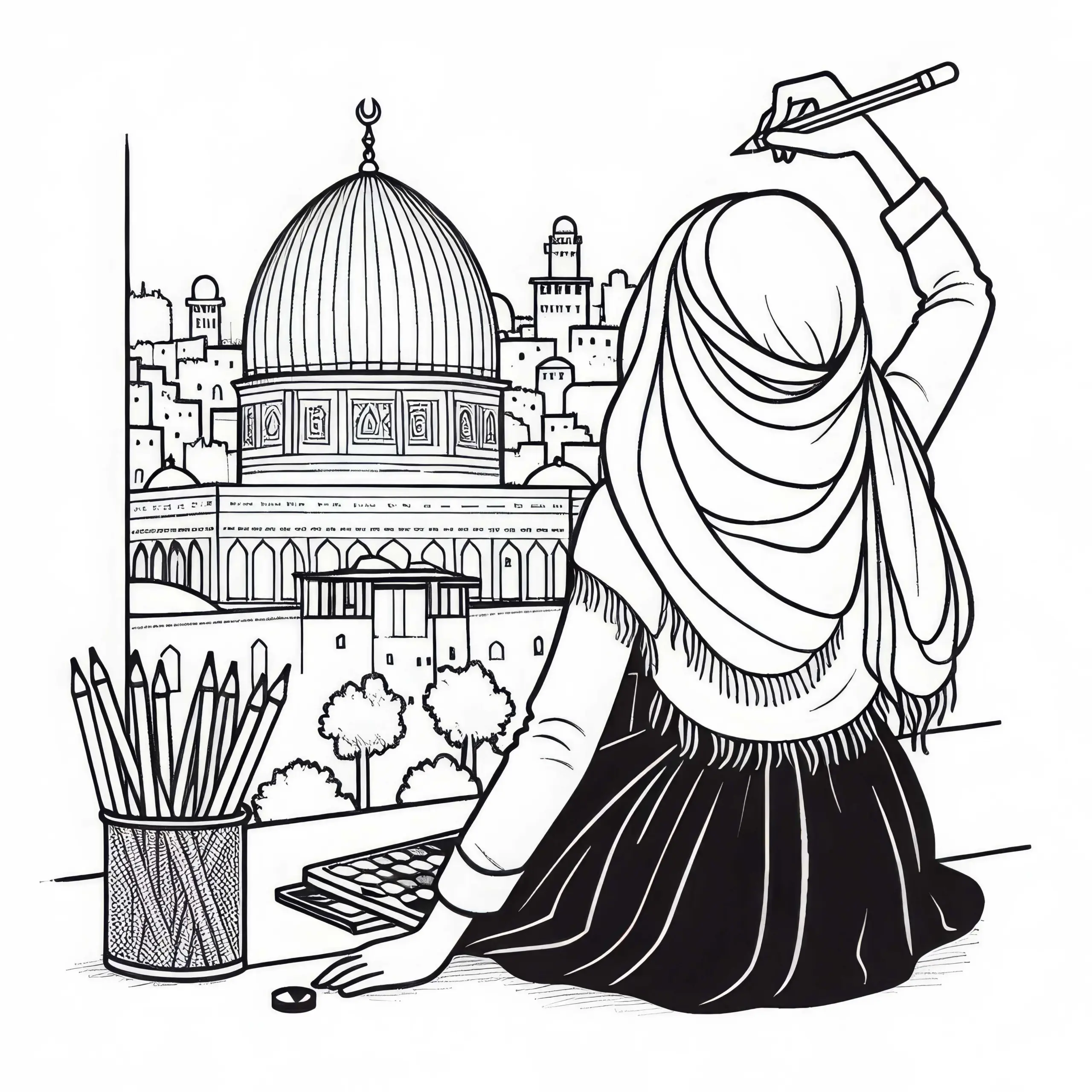 Jerusalem Mädchen zeichnet Kuppel mit Bleistift Malvorlage gratis (Ausmalbild)