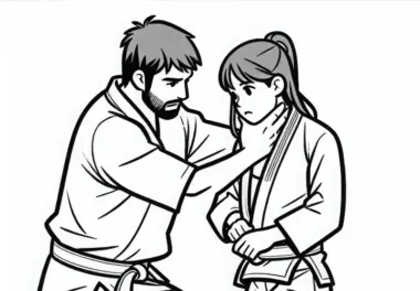Jiu-Jitsu-Coach zeigt Schülerin, wie man einen Triangle Choke richtig ansetzt – Ausmalbild kostenlos