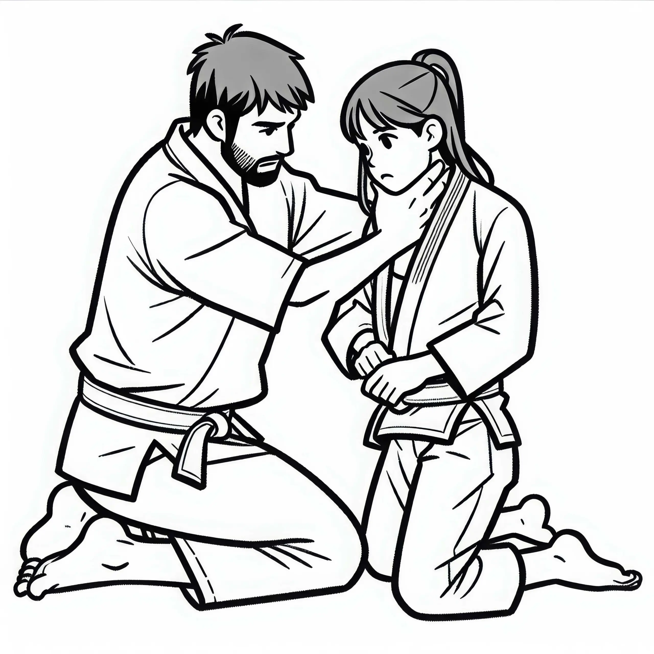Jiu-Jitsu-Coach zeigt Schülerin, wie man einen Triangle Choke richtig ansetzt – Ausmalbild kostenlos