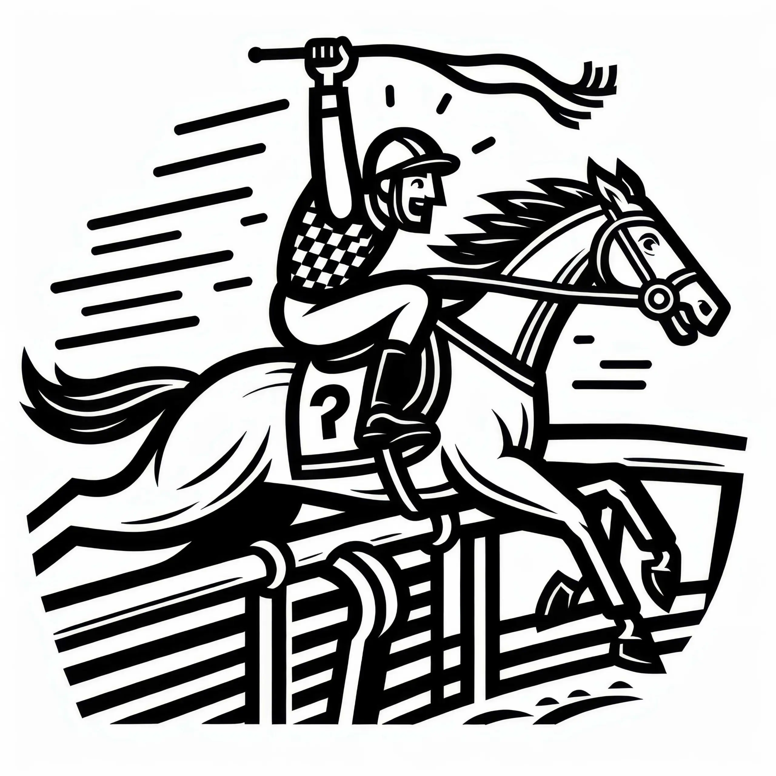 Jockey hebt Peitsche und feuert sein Pferd beim Pferderennen an (Ausmalbild)