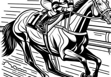 Jockey reitet beim Pferderennen mit voller Geschwindigkeit auf der Rennbahn – Ausmalbild kostenlos