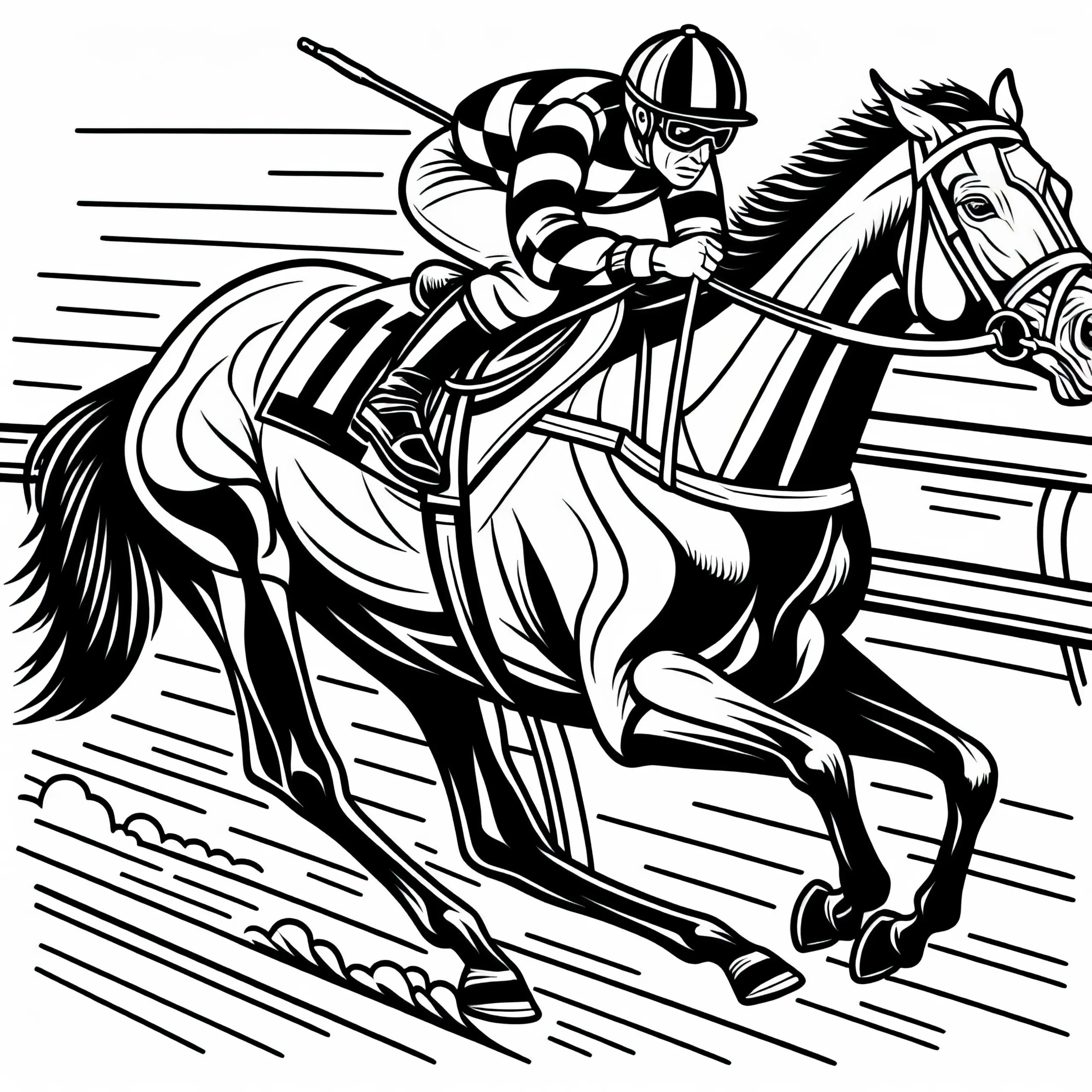 Jockey reitet beim Pferderennen mit voller Geschwindigkeit auf der Rennbahn – Ausmalbild kostenlos