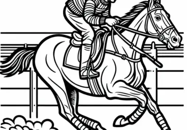 Jockey trainiert mit Pferd auf Rennbahn – Malvorlage gratis