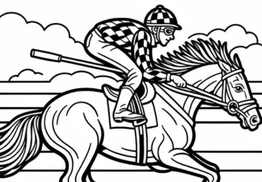 Jockey treibt Pferd beim Reitsport im Galopp auf Rennbahn – Ausmalbild kostenlos