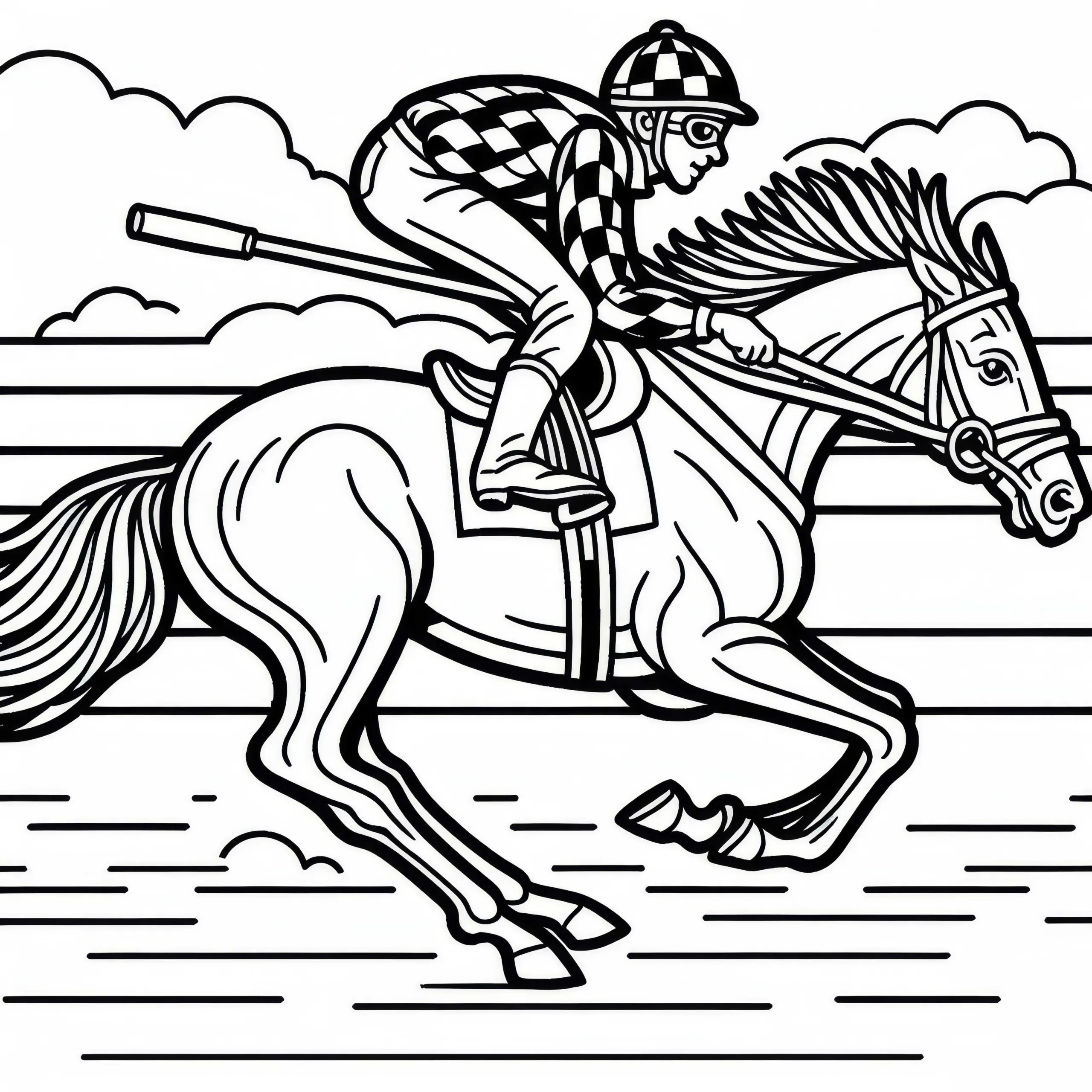 Jockey treibt Pferd beim Reitsport im Galopp auf Rennbahn – Ausmalbild kostenlos