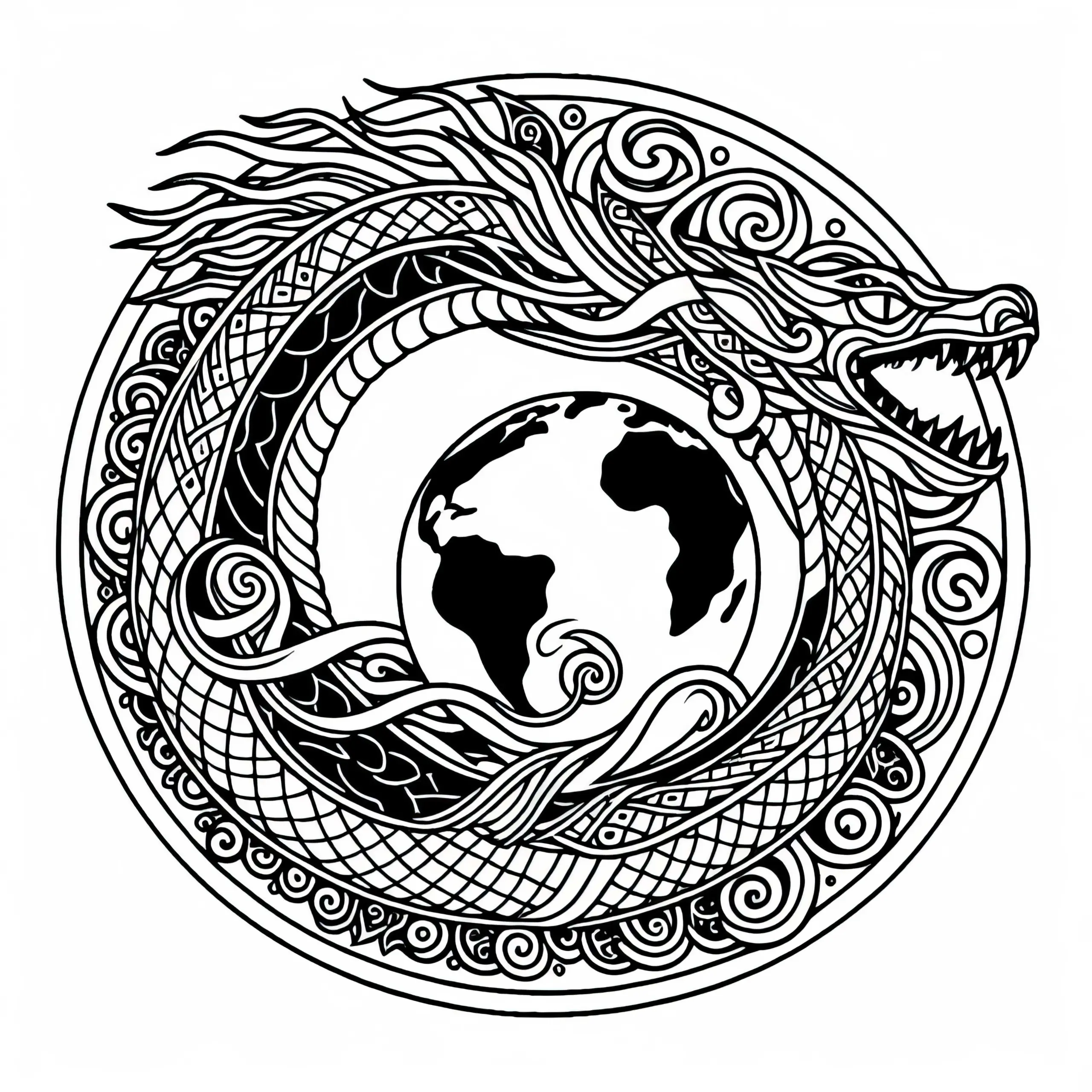 Jörmungandr – Die Weltschlange, die die Erde umspannt: Malvorlage zur nordischen Mythologie (Ausmalbild)