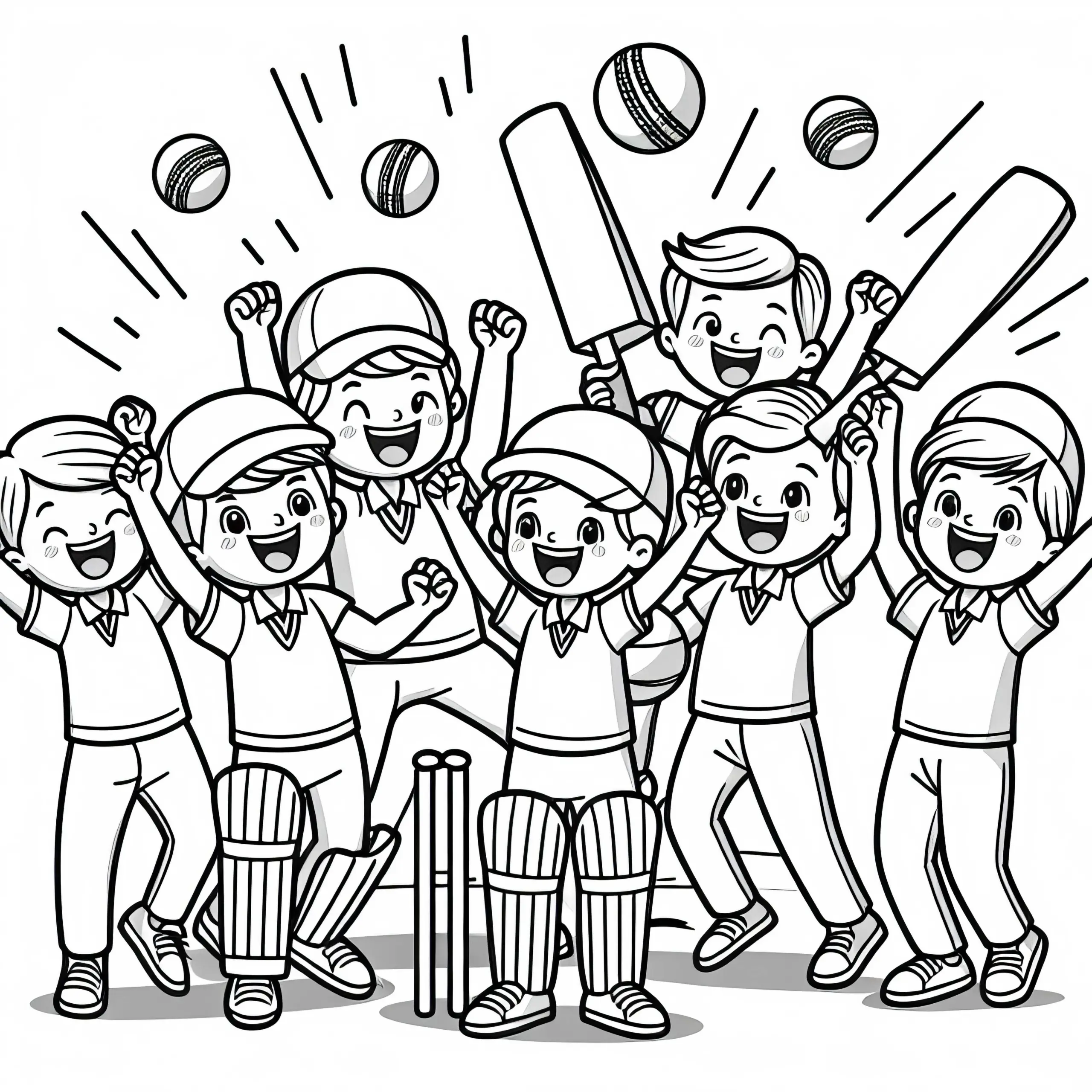 Jubelnde Spieler nach Cricket-Sieg – Ausmalbild einfach kostenlos