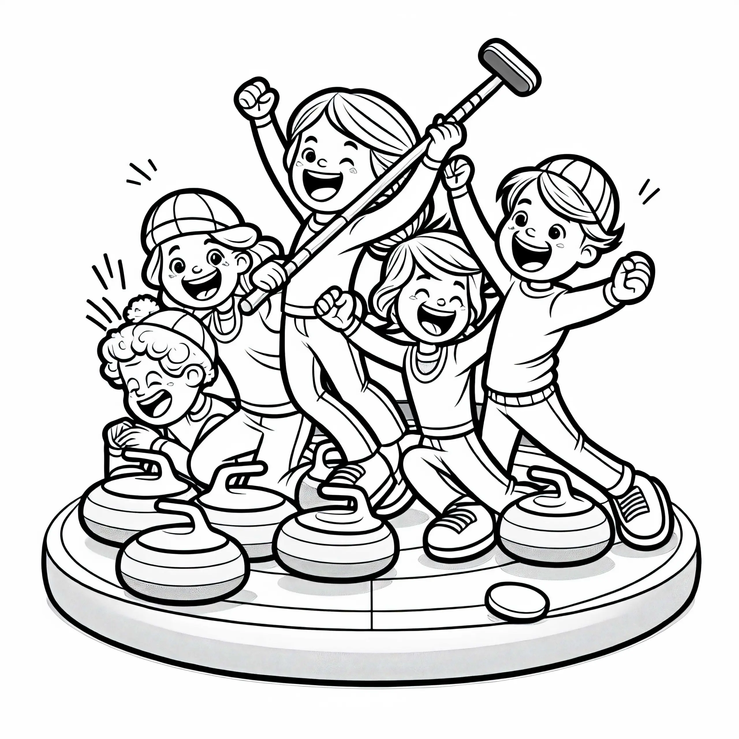 Jubelnde Spieler nach perfektem Curling Treffer – Ausmalbild kostenlos