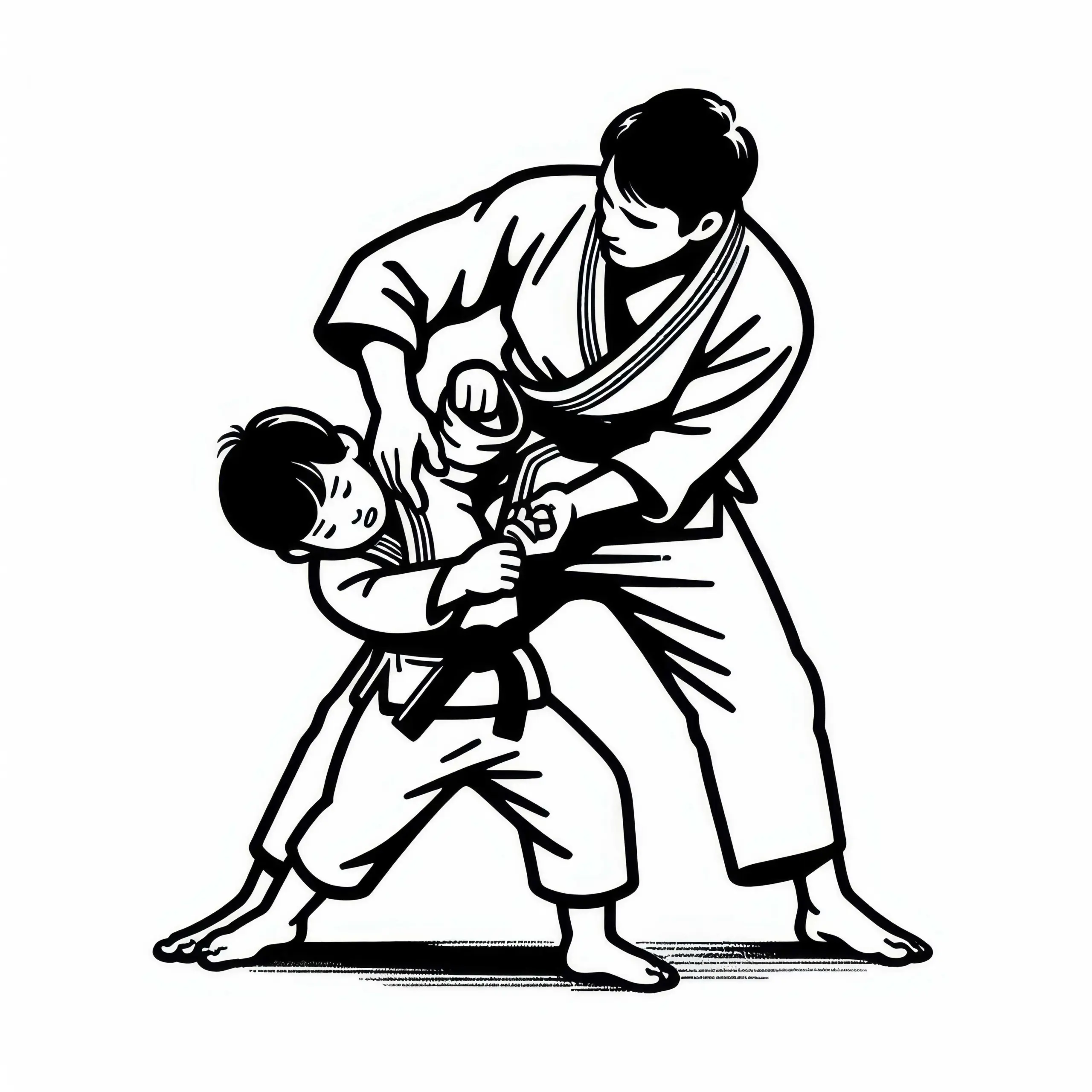 Judo-Trainer zeigt Kind Wurftechnik Malvorlage Gratis (Ausmalbild)
