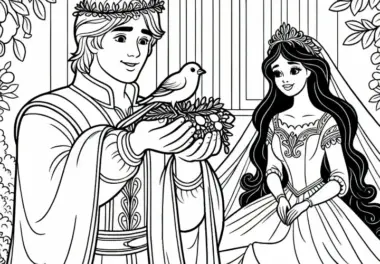 Jüngling kehrt mit Vogel zurück und heiratet die Prinzessin – Ausmalbild Märchen Der goldene Vogel