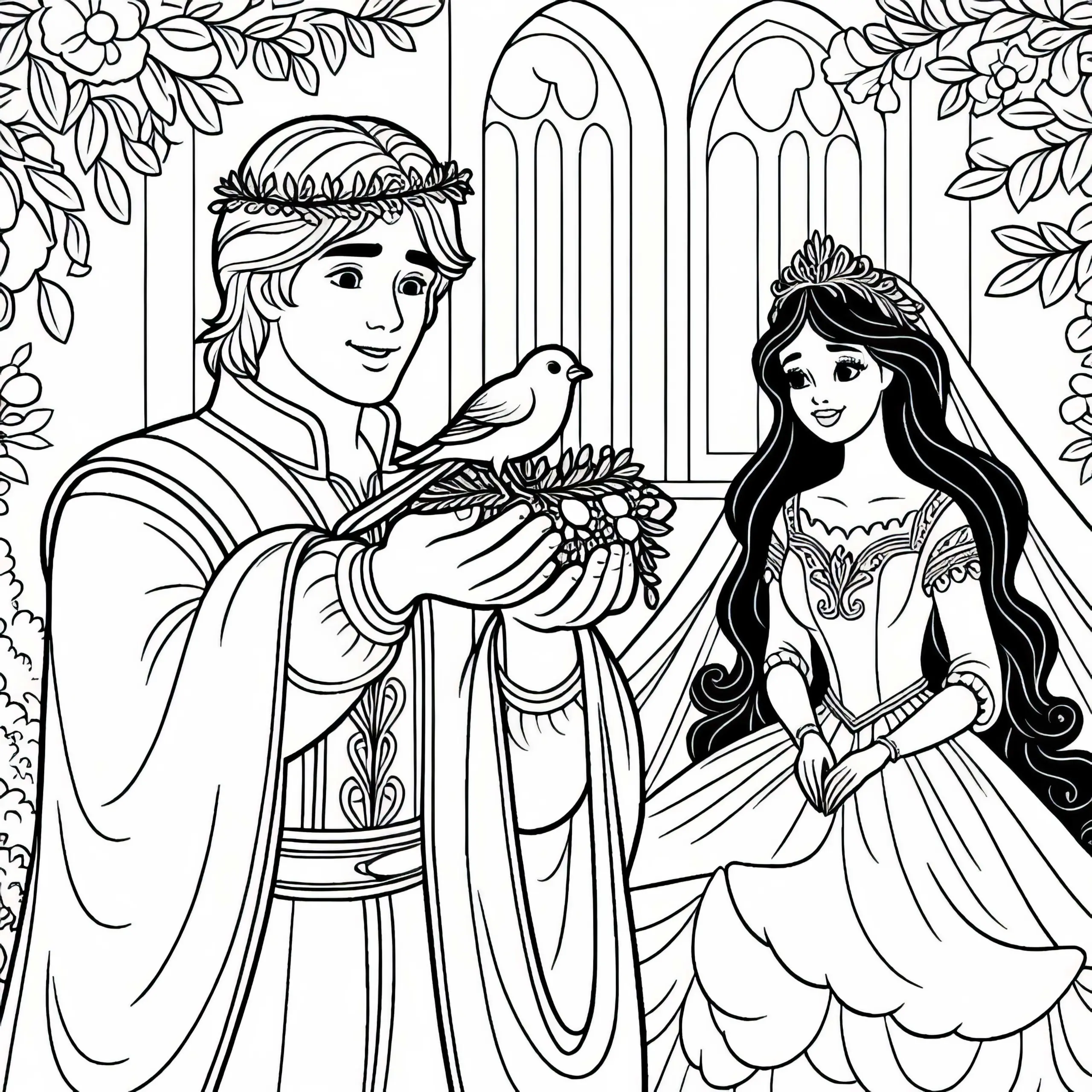 Jüngling kehrt mit Vogel zurück und heiratet die Prinzessin – Ausmalbild Märchen Der goldene Vogel