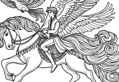 Jungling reitet mit dem Pferd und Vogel fort – Malvorlage aus dem Märchen Der goldene Vogel
