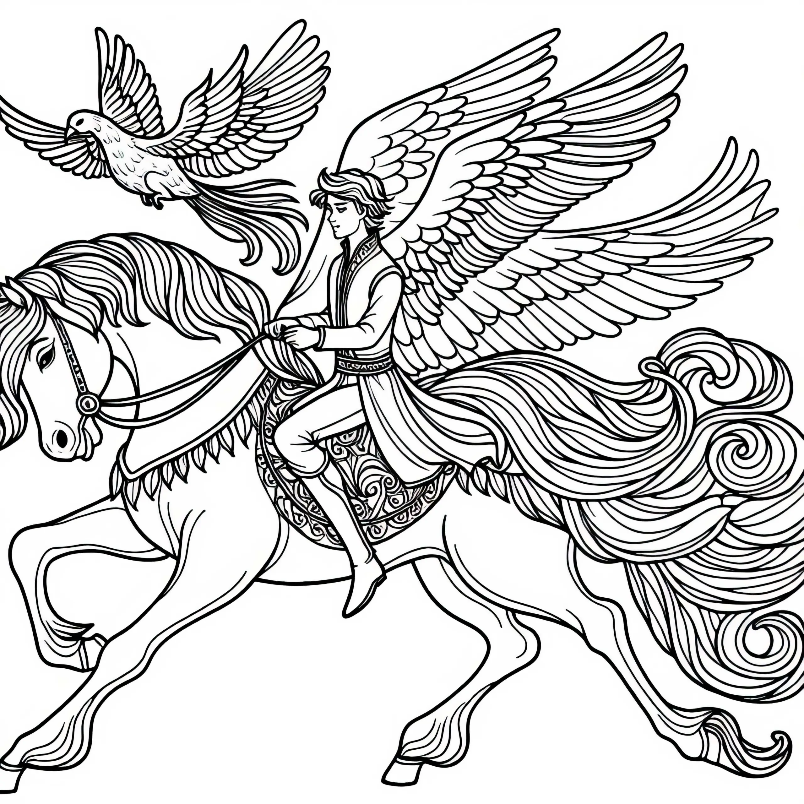 Jungling reitet mit dem Pferd und Vogel fort – Malvorlage aus dem Märchen Der goldene Vogel (Ausmalbild)