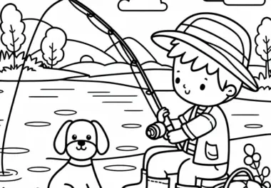 Junge angelt am See mit Hund – Ausmalbild für Jungs ab sechs kostenlos