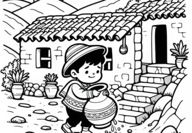 Junge bringt Wasser in Tontopf zum Haus – Ausmalbild Inka kostenlos