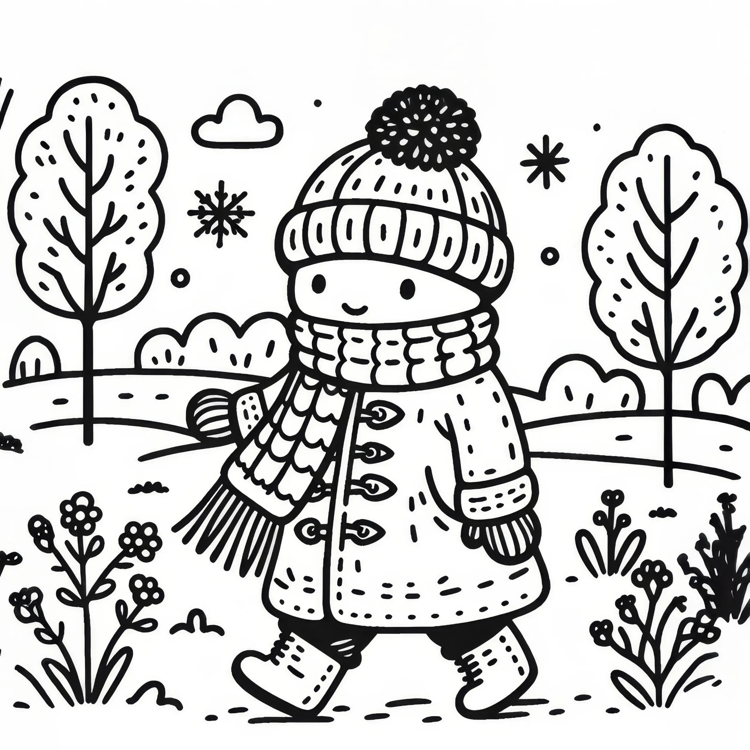 Junge mit dickem Wintermantel und Schal beim Spaziergang im Januar: Kostenlose Malvorlage (Ausmalbild)