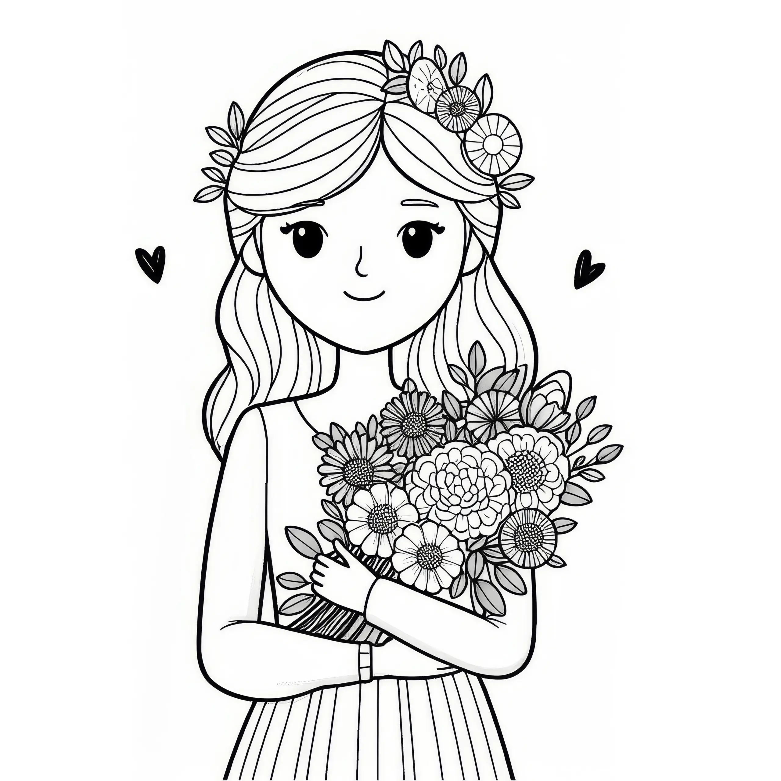 Junge Frau mit Blumenstrauß zum Frauentag: Einfache Malvorlage (Gratis) (Ausmalbild)