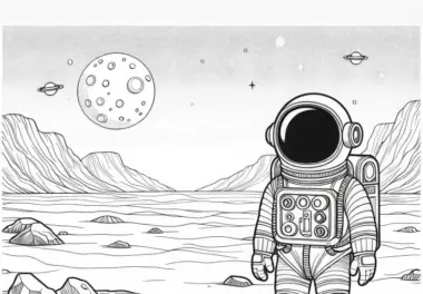 Junge im Astronautenanzug auf dem Mars – Malvorlage für Jungs ab sechs kostenlos